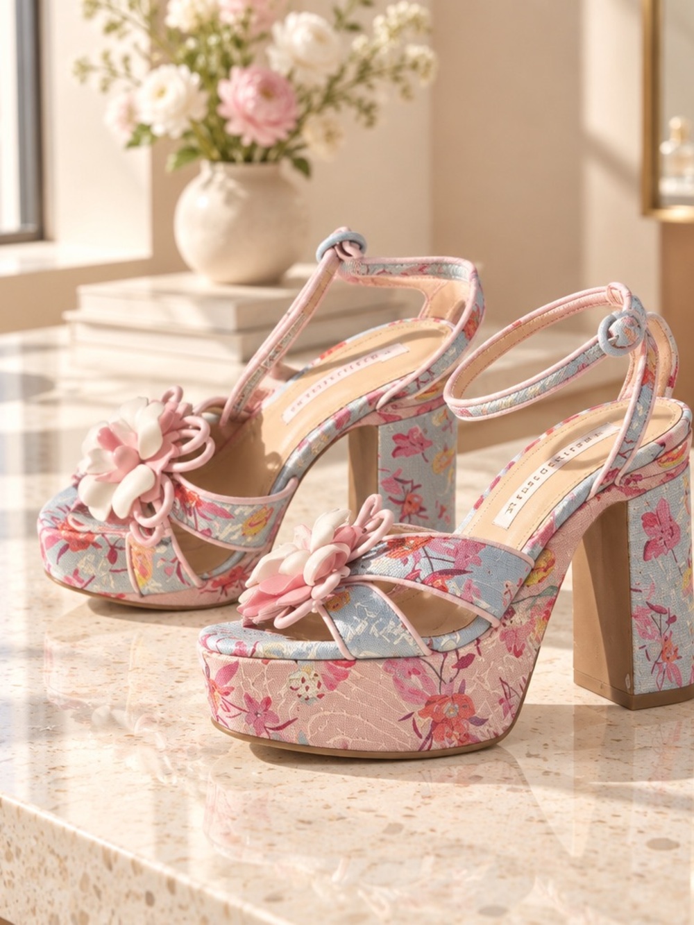 Gianni Bini Floral Platform Block Heel Sandals - Size 7.5M